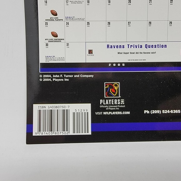 NFL Baltimore Ravens 2005‎ Team Calendar Turner and Company 12"x12" - Picture 3 of 7